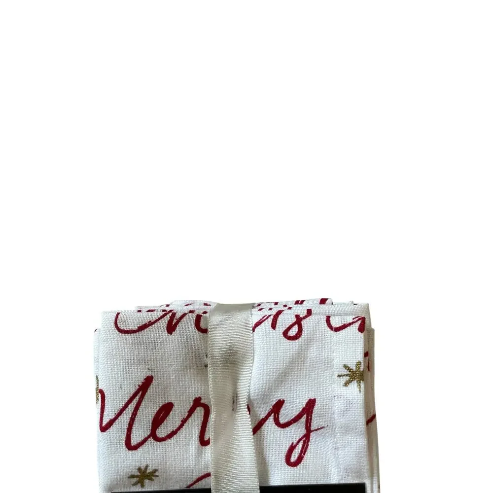8pc Rachel Zoe Merry Christmas Script Cotton Napkins 18x18 Red Cream Holiday New